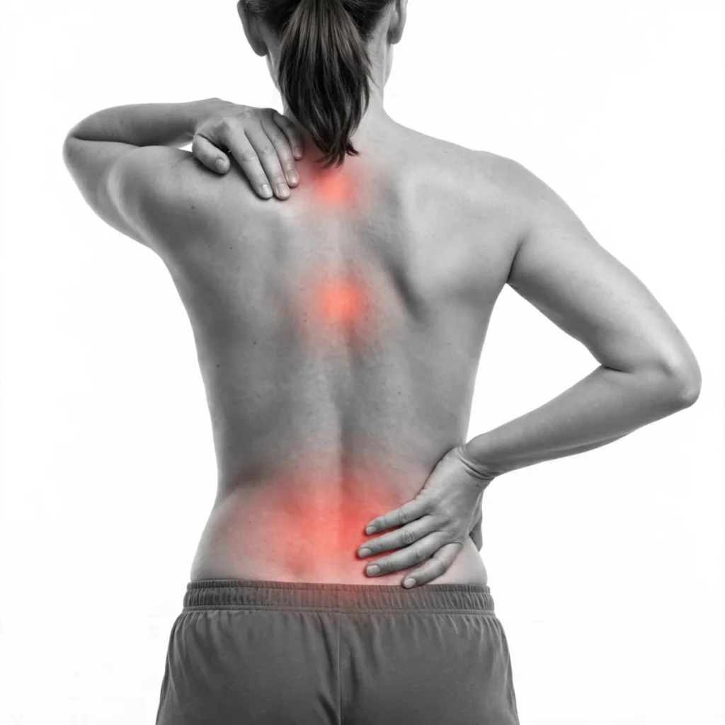 A woman holding her upper shoulder and lower back, with red glowing spots highlighting spinal pain zones ideal for cupping therapy.