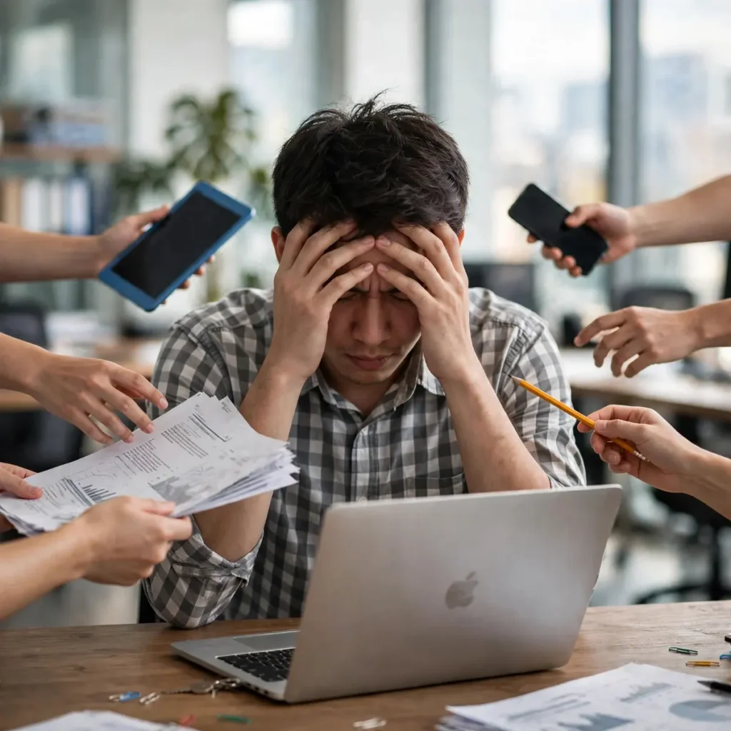 An overwhelmed man sitting at an office desk holding his head in frustration while multiple hands point phones, tablets, and paperwork at him.