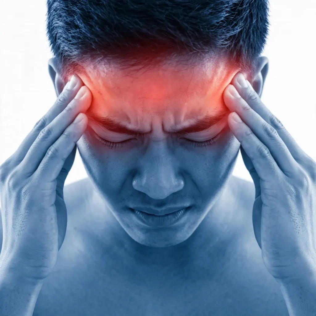 A man pressing his temples in pain, with red glowing highlights across his forehead and temples indicating severe headache or migraine tension.