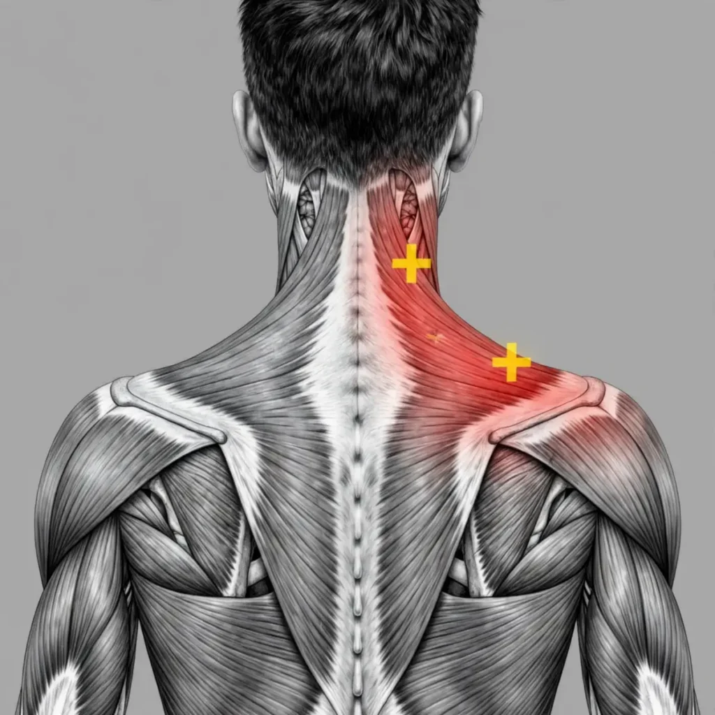 Anatomical illustration highlighting muscle tension and trigger points in the neck and upper back trapezius area for cupping therapy.
