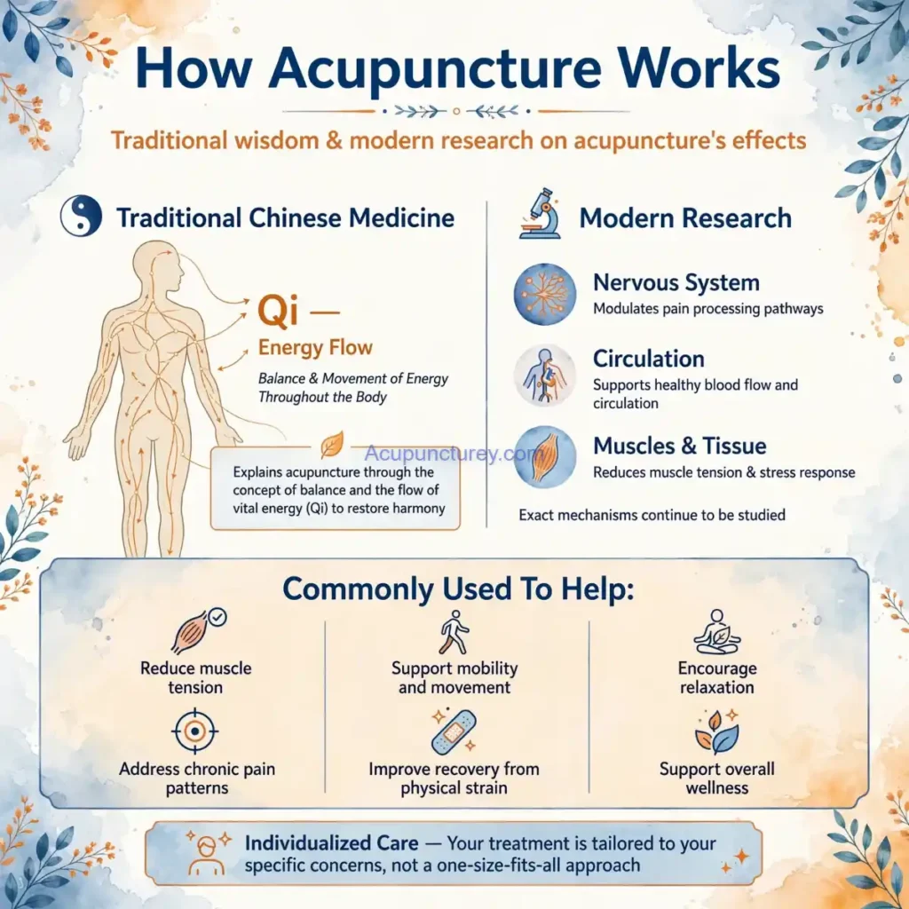 An educational infographic titled How Acupuncture Works showing Traditional Chinese Medicine concepts alongside modern research benefits.