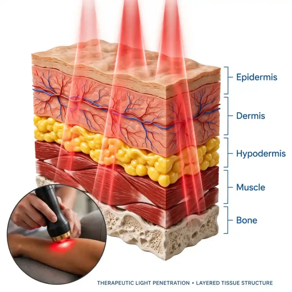A 3D cross-section diagram showing therapeutic low-level laser light penetrating down through the epidermis, dermis, hypodermis, muscle, and bone layers.