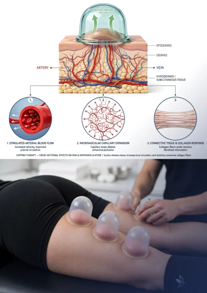 Diagram showing cross-sectional effects of cupping therapy on skin layers and microvasculature.