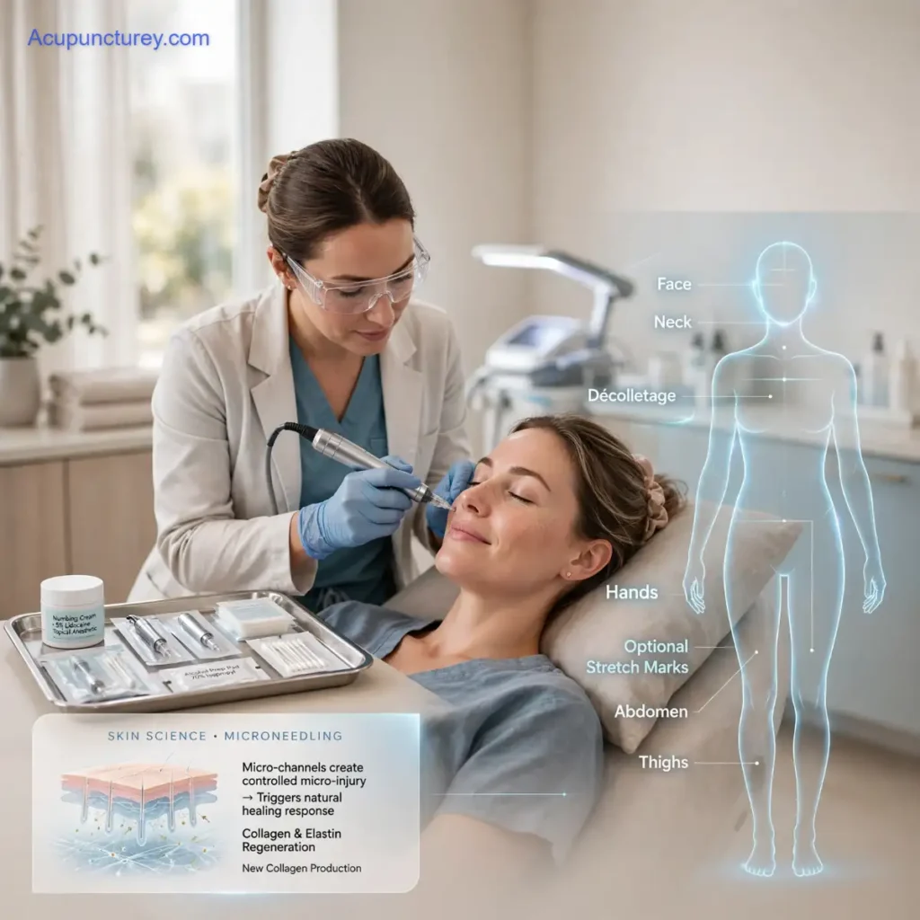 A medical practitioner using a professional microneedling pen on a patient's face next to a digital body graphic highlighting treatable areas like the neck, décolletage, hands, and abdomen.