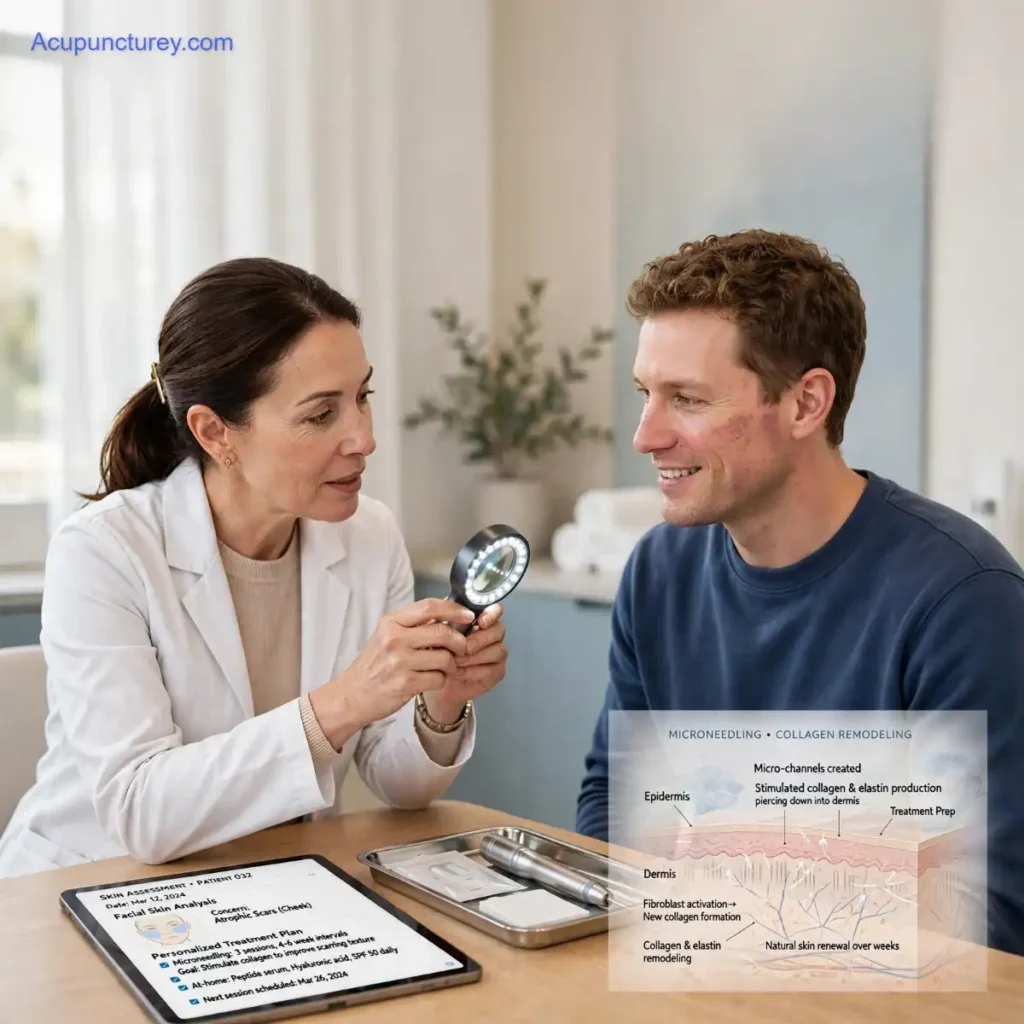 A female clinical professional using a magnifying light to examine atrophic cheek acne scars on a male patient during a microneedling consultation.