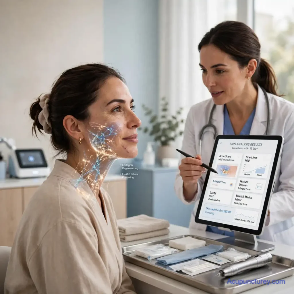 A dermatologist holding a tablet showing skin analysis results while explaining microneedling benefits to a patient with a facial graphic overlay of collagen renewing.