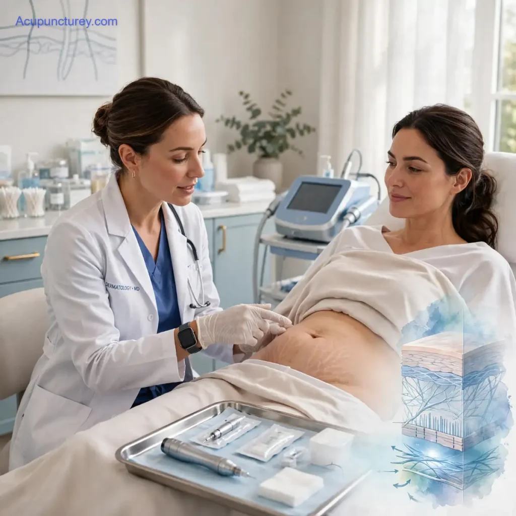 A female dermatologist in a lab coat examining stretch marks on a female patient's abdomen during a microneedling consultation.