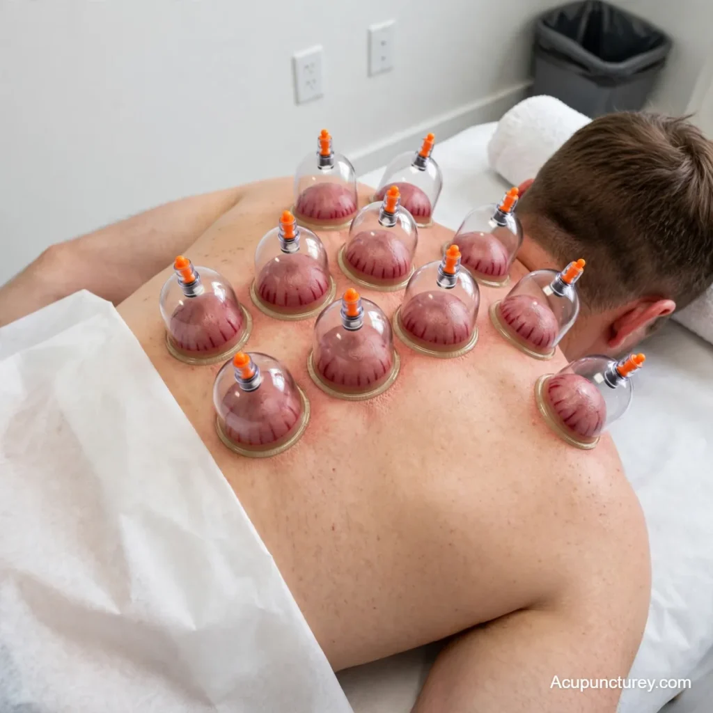 Clear plastic suction cups applied to a patient's back during a dry cupping therapy treatment session to improve blood circulation.