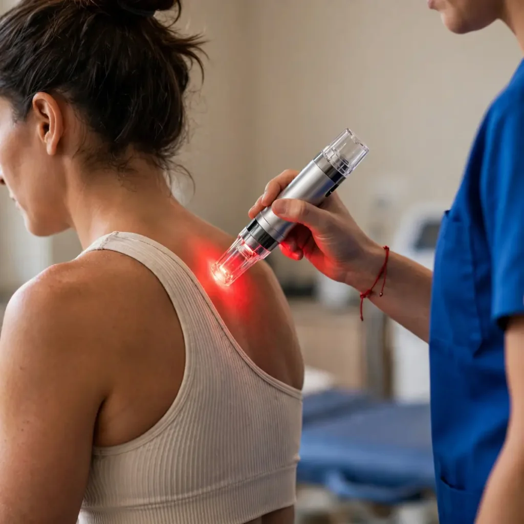 A medical practitioner in blue scrubs uses a handheld silver low-level laser therapy device to apply red cold laser light to a woman's upper back.