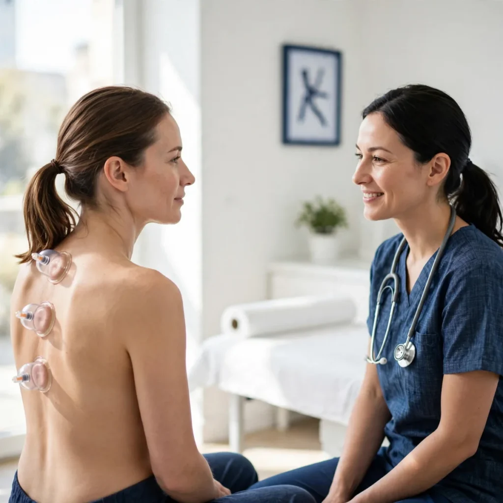 A patient with suction cups on her back consulting with a smiling healthcare provider in a clinic