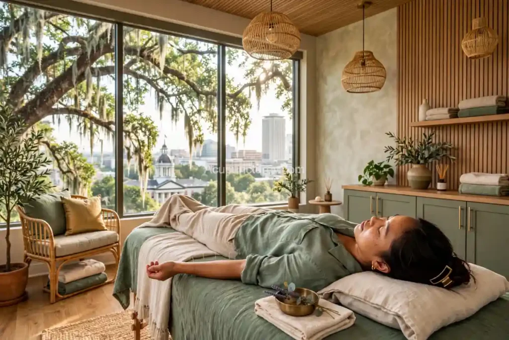 A woman resting peacefully on a treatment table receiving traditional acupuncture therapy inside a serene wellness clinic room featuring large windows that overlook the Tallahassee city skyline and the Florida State Capitol dome.